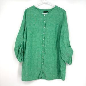 TAHARI 100% Linen Shirt Tunic Top Kelly Green Button Down Roll Tab Coastal Sz 1X